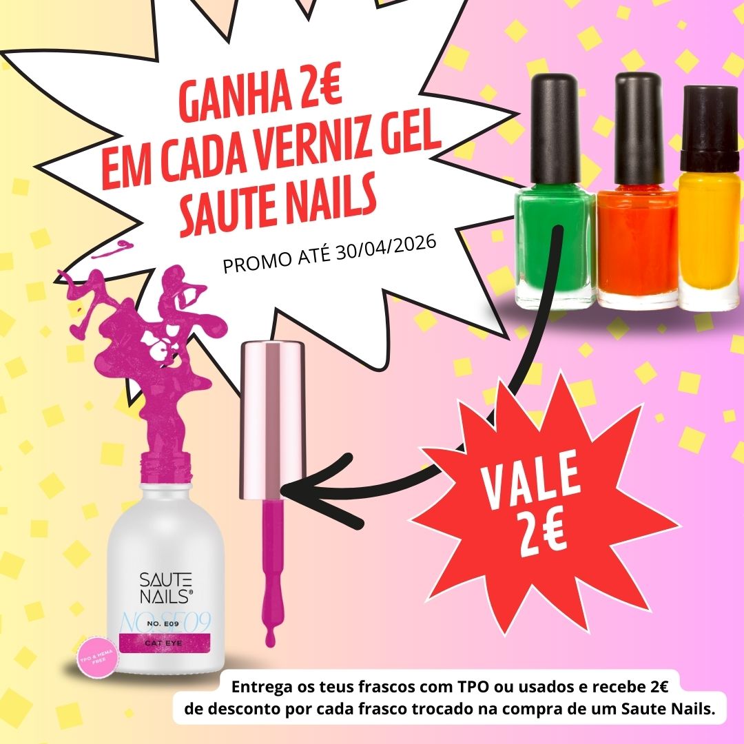 Vários frascos de verniz gel Saute Nails coloridos com texto promocional a anunciar desconto de 2€