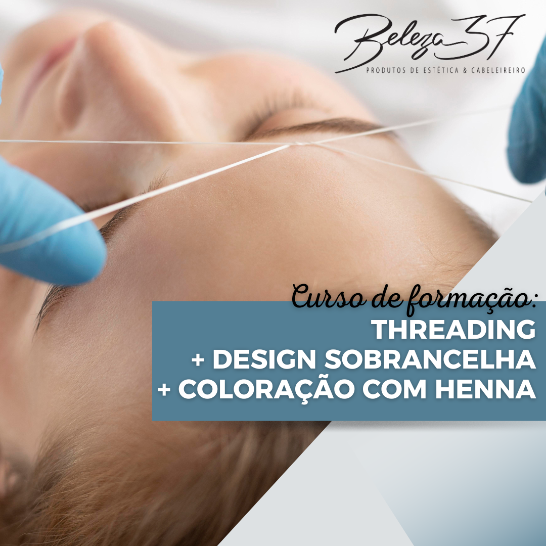 Curso de Threading e Design de Sobrancelhas com henna Pessoa recebendo tratamento de design de sobrancelhas com técnica de threading, texto promocional
