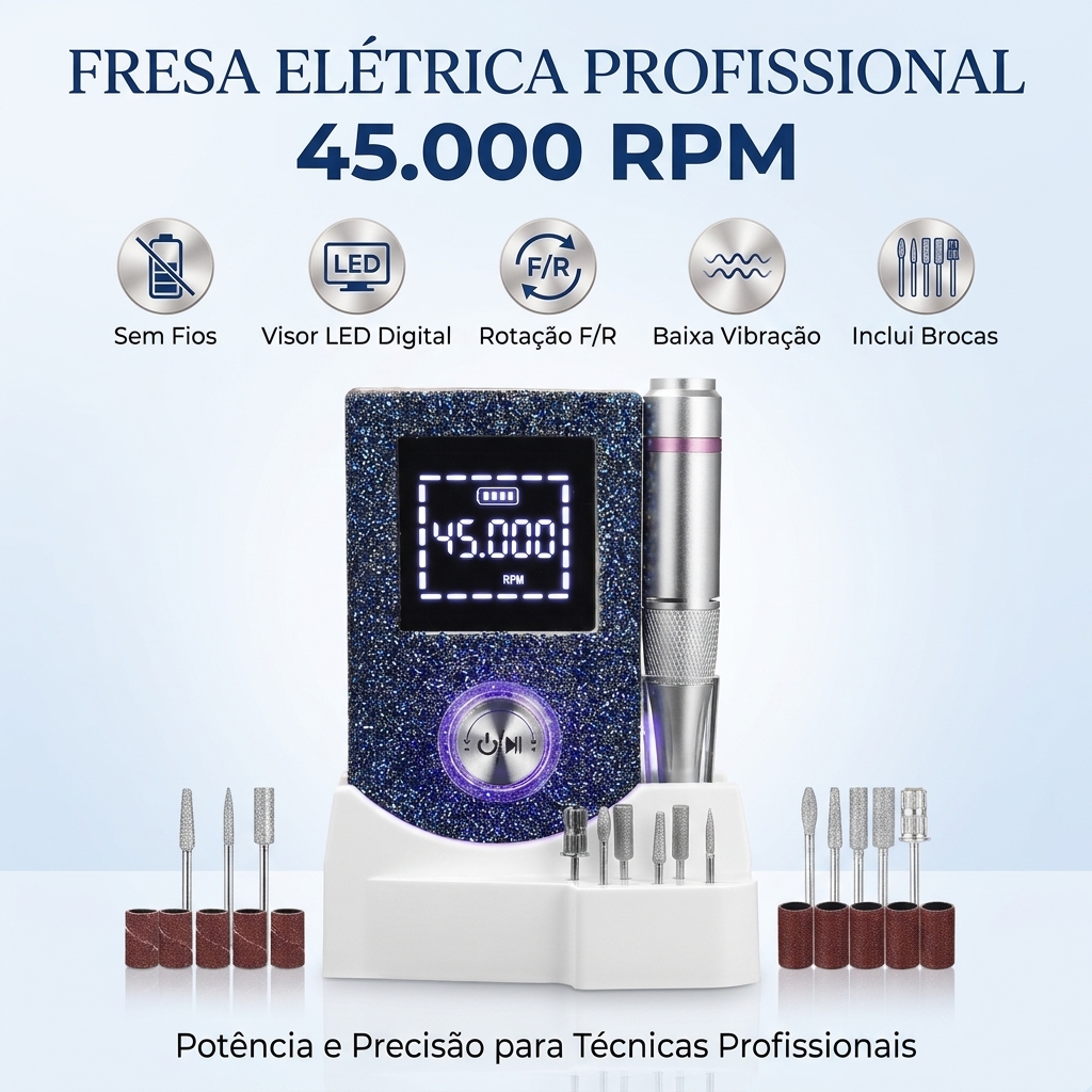 Fresa Elétrica Portátil Xespis 45000 RPM Fresa elétrica profissional com visor digital e brocas