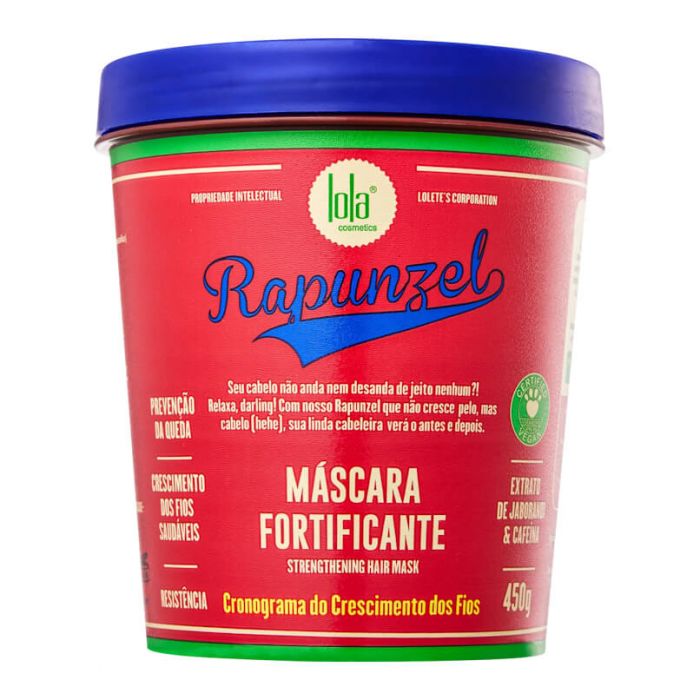 Rapunzel Máscara 450g - Lola Cosmetics Pote vermelho com tampa azul de máscara para cabelo Lola Cosmetics Rapunzel de 450g
