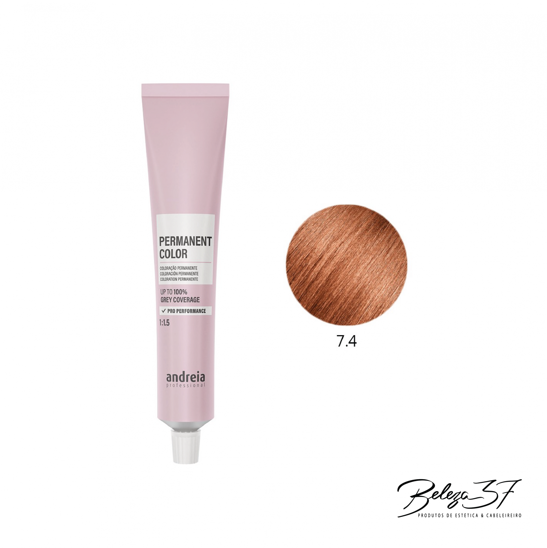 Coloração Permanente Andreia 7.4 Tubo rosa de tinta permanente para cabelo Andreia cor 7.4 castanho claro com amostra da cor