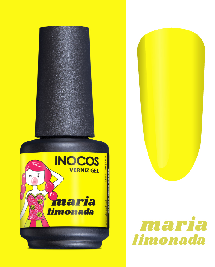 Verniz Gel Inocos – 284 - Limonada Verniz gel amarelo INOCOS maria limonada com rótulo ilustrado