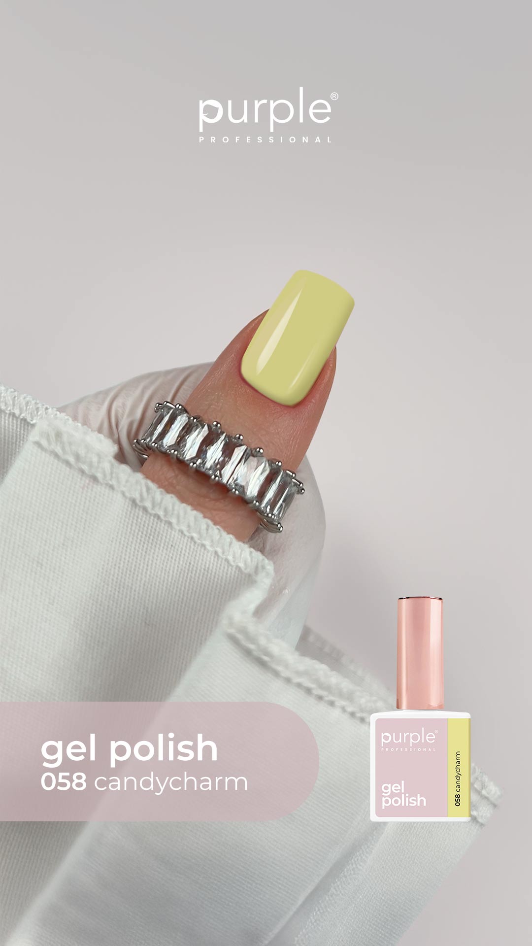 KIT Coleção Purple NRº15 (055 ao 060) - Inclui 3 Ofertas Unha pintada de amarelo suave com esmalte gel e anel prateado com pedras, texto purple PROFESSIONAL e frasco de esmalte