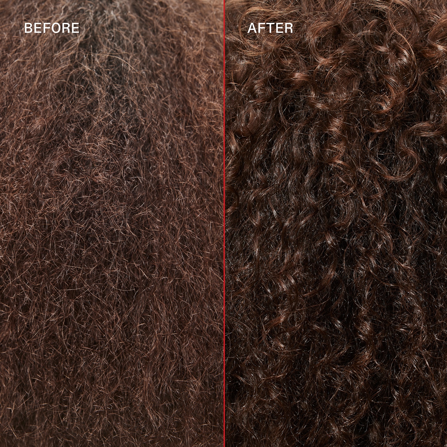 Olaplex Nº7 – Óleo Reparador, Fortalecedor e Protetor 30ml Cabelo castanho em dois estados: seco e frisado (BEFORE) e hidratado e definido (AFTER).