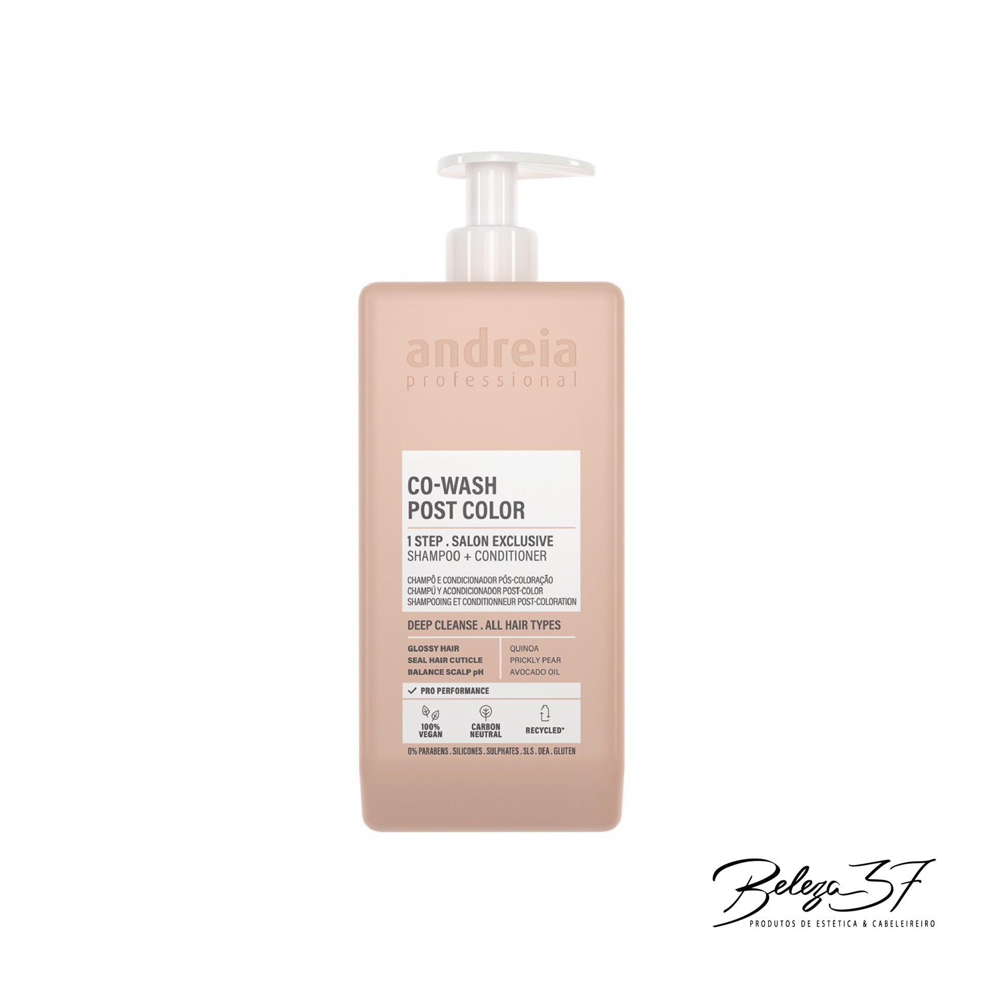 Champoo e Condicionador Andreia Tratamento 2 em 1 Pós Coloração 1000ml Frasco bege de shampoo e condicionador Andreia Professional CO-WASH POST COLOR com tampa de bomba branca.