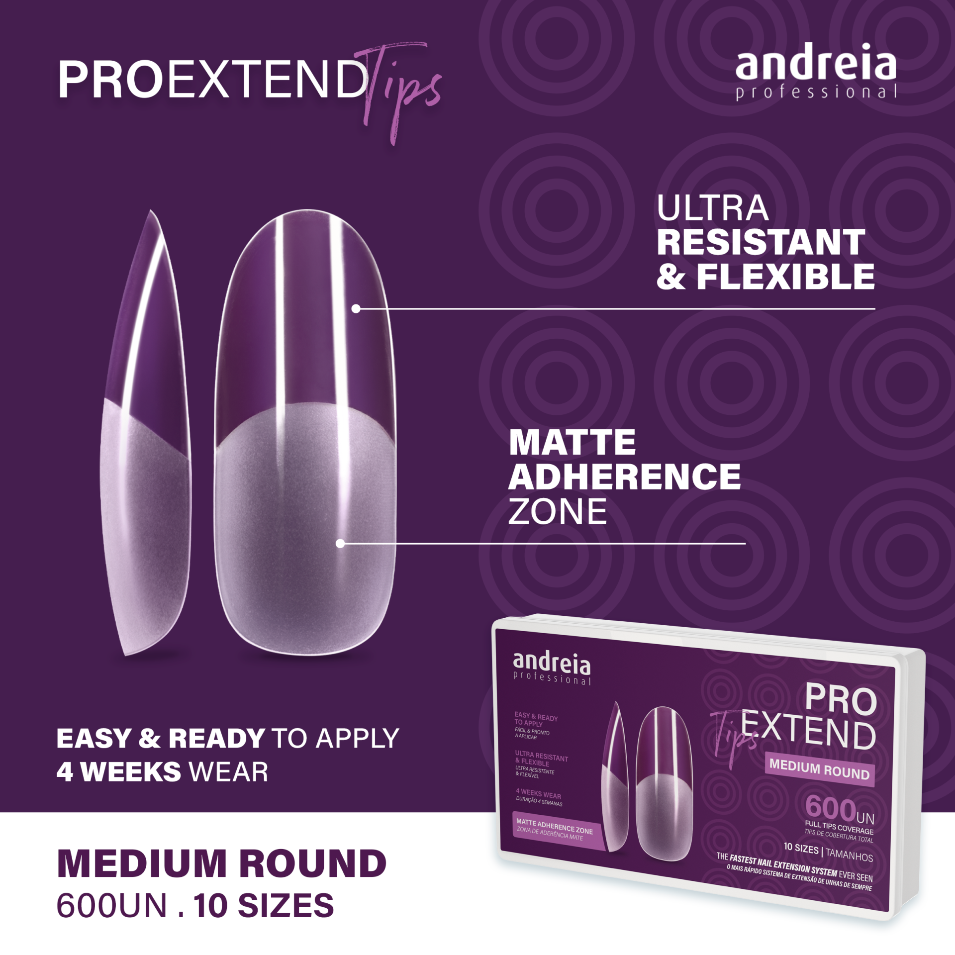 Gel Tips Andreia - Pro Extend Tips Medium Round Unhas postiças medium round Andreia Professional em fundo roxo