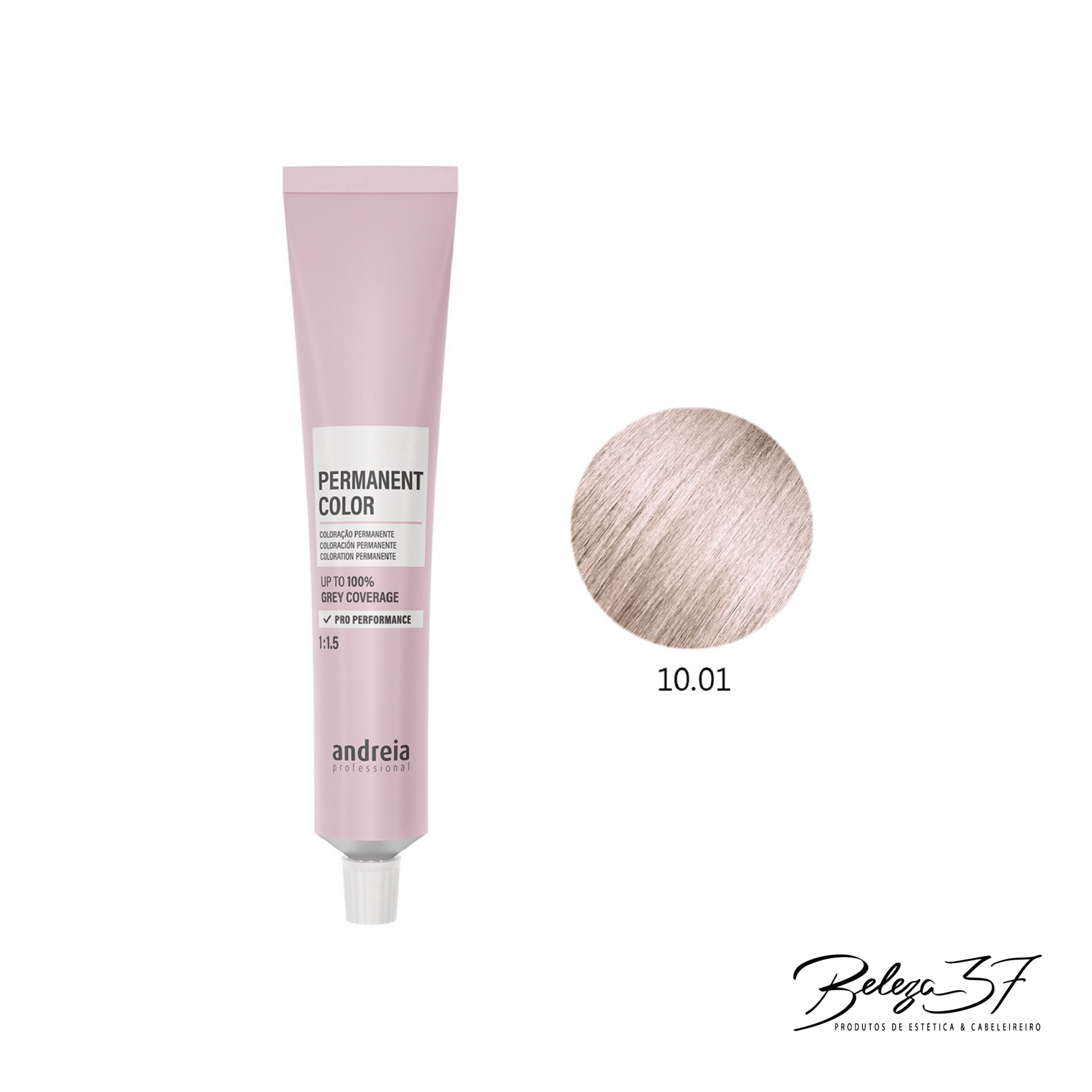 Coloração Permanente Andreia 10.01 Tubo de tinta de cabelo permanente rosa claro Andreia com amostra de cor loiro platinado