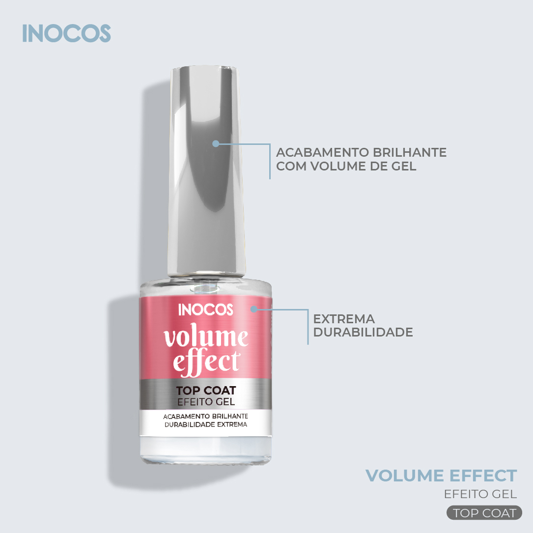 Volume Effect Inocos - Top Coat Efeito Gel Frasco de Top Coat efeito gel INOCOS com tampa prateada e etiqueta rosa e branca