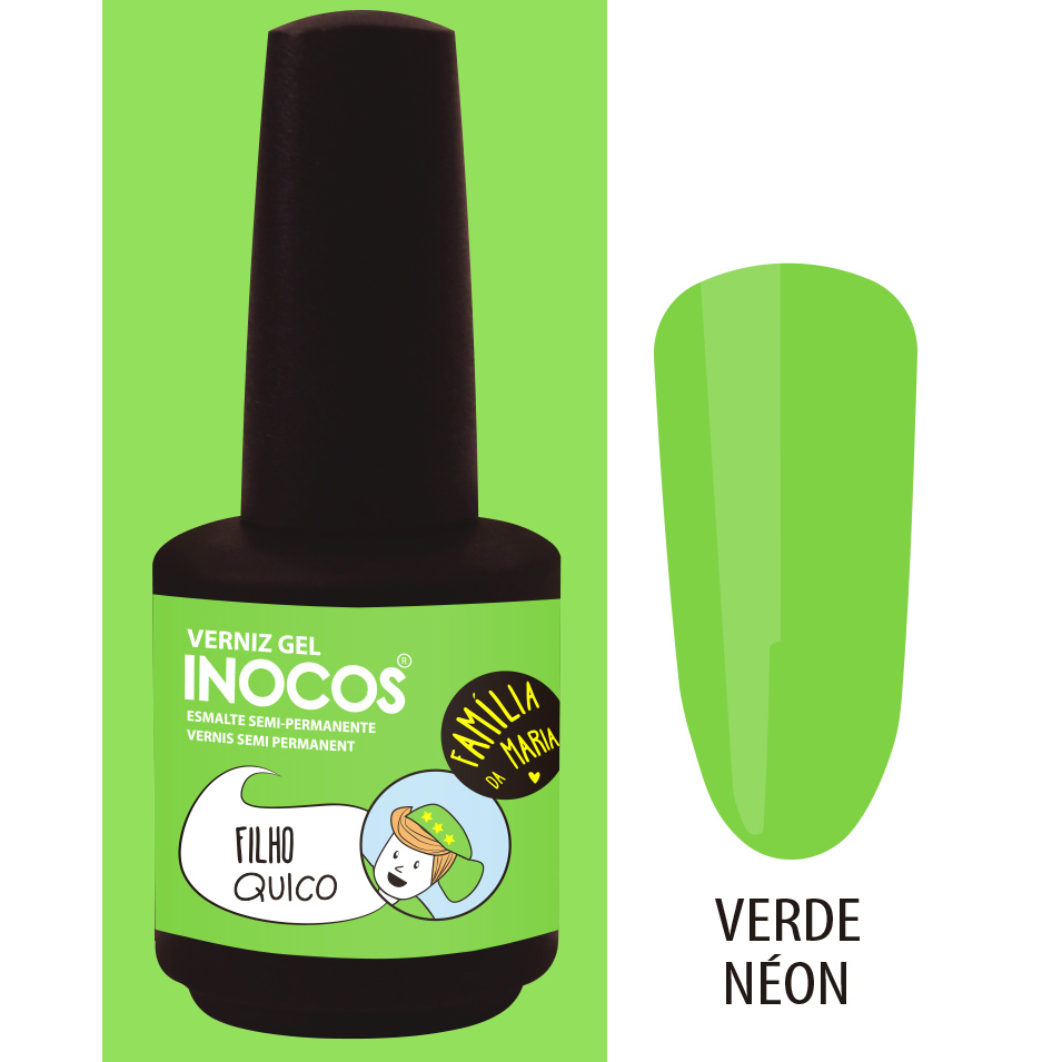 Verniz Gel Inocos – 197 - Filho Quico (Verde Néon) Verniz gel INOCOS verde néon com rótulo colorido e texto