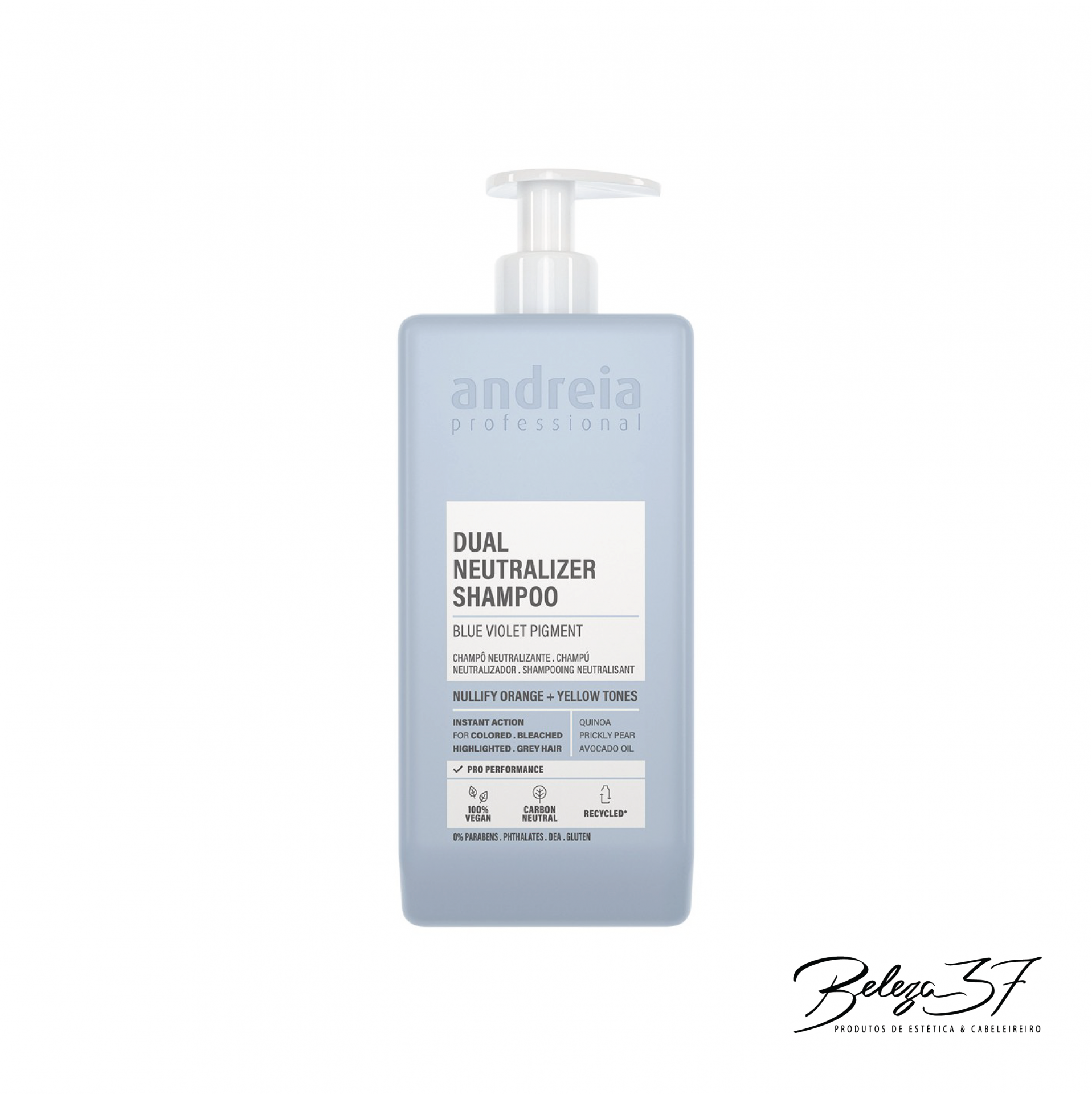 Shampoo Neutralizante Andreia 1L Frasco cinza-azulado de champô Andreia com válvula de doseamento