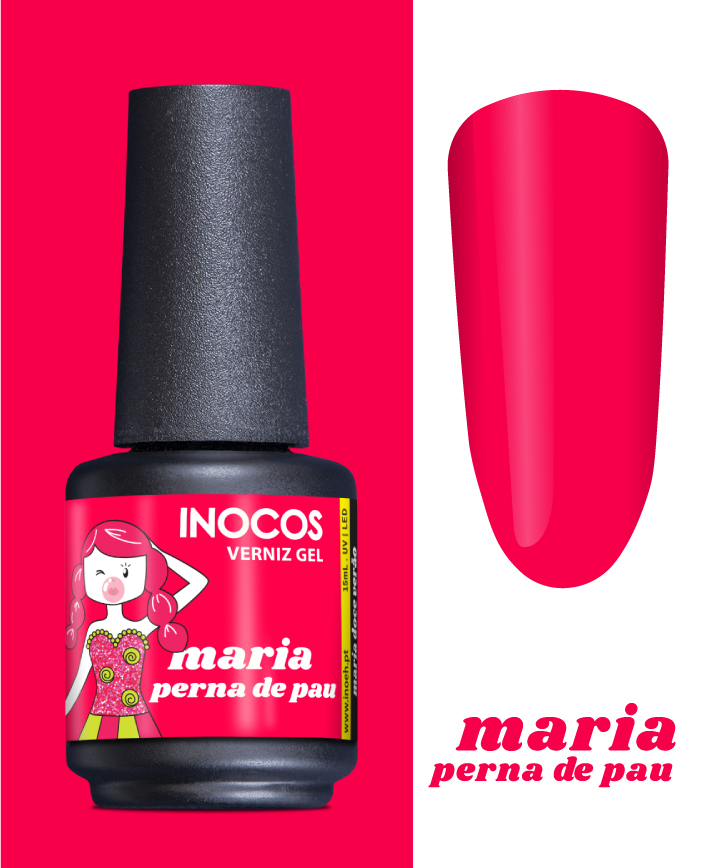 Verniz Gel Inocos – 280 - Perna de Pau Verniz gel vermelho INOCOS com rótulo ilustrado e amostra de unha pintada