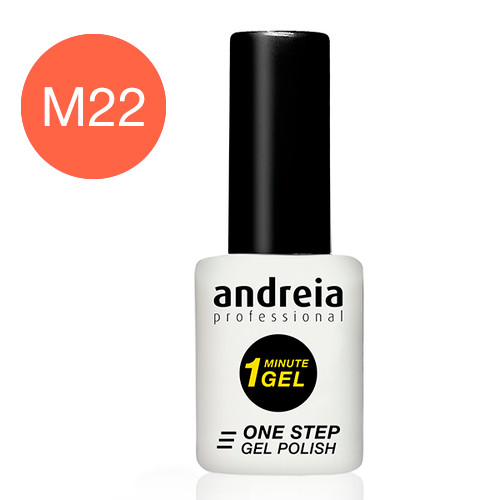 ANDREIA 1 MINUTE GEL M22 (Laranja Néon) Frasco de verniz gel branco com tampa preta e texto informativo preto e amarelo.