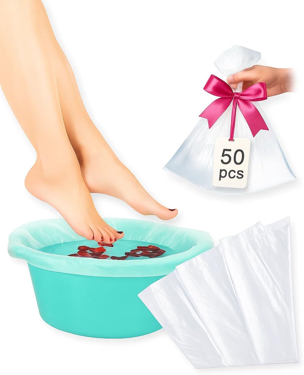 Protetores Descartáveis para Bacia de Pedicure LALILL - 50 Unidades Banho de pés com pés femininos e sacos plásticos brancos