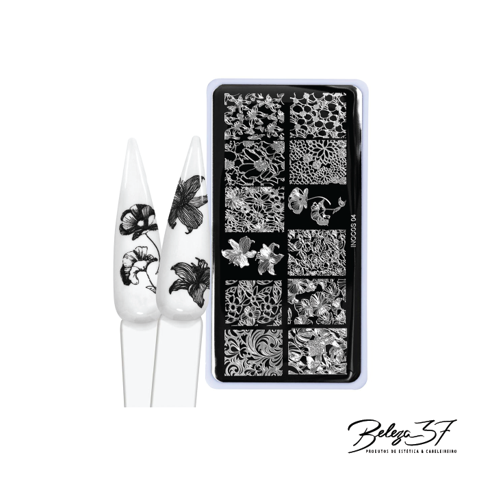 Placa Carimbo Inocos - 04 - Exótico Placas de carimbo para unhas com desenhos florais em preto e branco e unhas postiças com padrão floral preto.