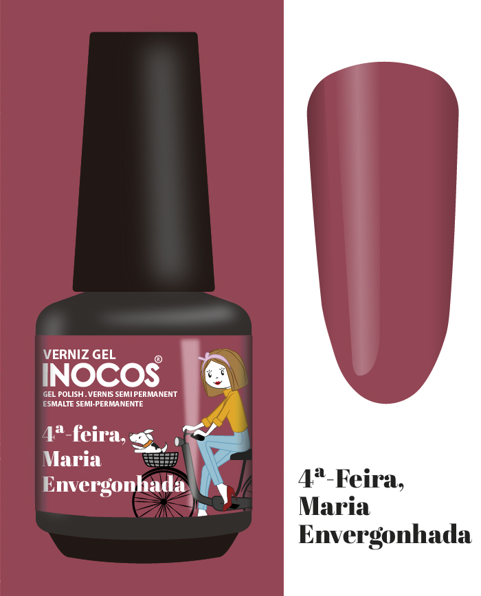 Verniz Gel Inocos – 220 - 4ª-feira, Maria Envergonhada - Rosa Malva Frasco de verniz gel cor vinho com rótulo e ilustração de rapariga numa bicicleta