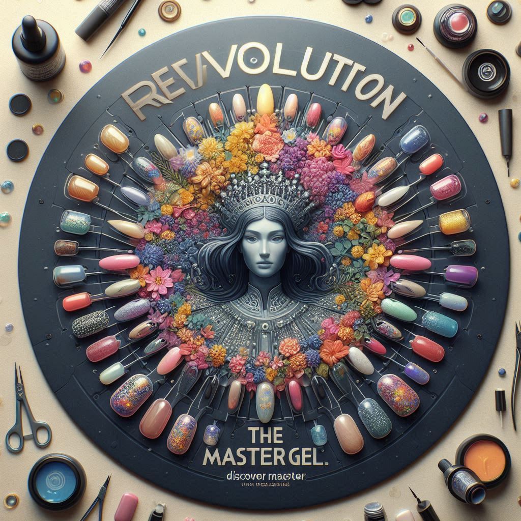 Conjunto circular de amostras de verniz para unhas coloridas com figura central e texto em fundo preto