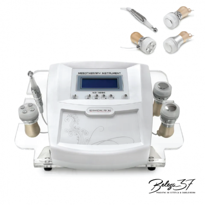 Aparelho branco de mesoterapia com ecrã digital e vários aplicadores