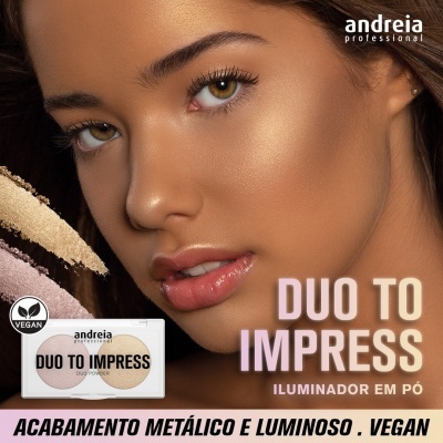 Pó iluminador Duo To Impress da Andreia Professional em tons metálicos e embalagem com selo vegan