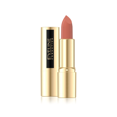 batom nude rosa de Eveline Cosmetics em embalagem dourada