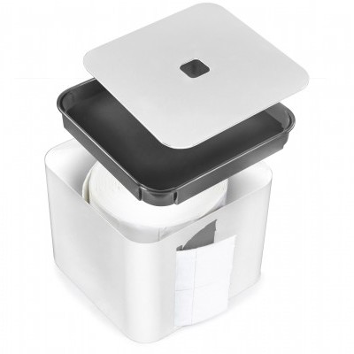 Caixa branca quadrada com tampa destacada e interior preto