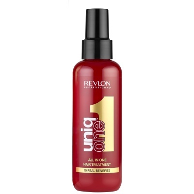 Frasco vermelho com spray preto de tratamento capilar Revlon Uniq One