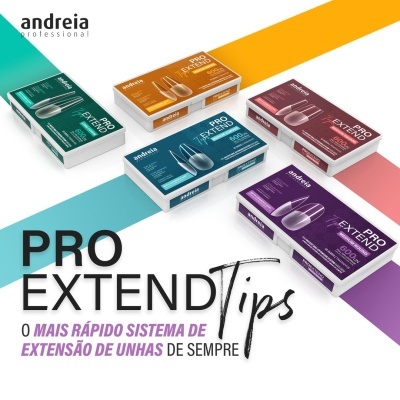 Caixas coloridas de unhas postiças Andreia Professional Pro Extend Tips sobre fundo branco com listras coloridas.