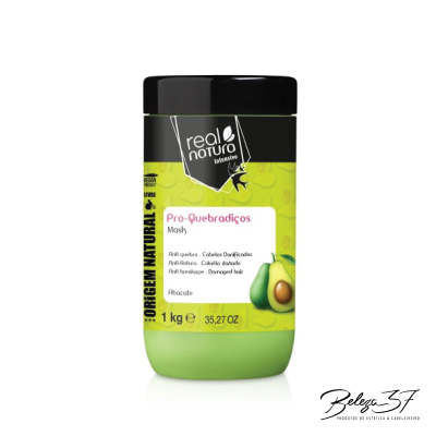 Máscara capilar Real Natura Pro-Quebradiços 1 kg embalagem verde e preta, com imagem de abacate