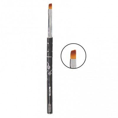 Pincel de maquilhagem com cerdas inclinadas castanho claro e cabo preto com texto