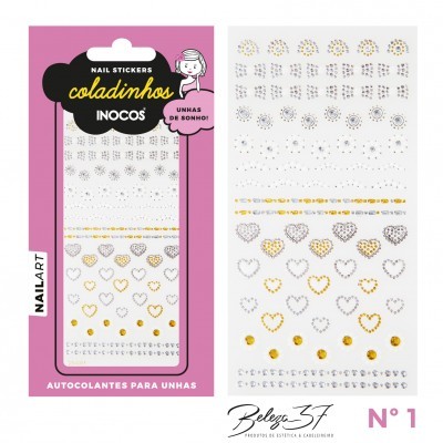 Autocolantes para unhas com pedras brilhantes e corações dourados e prateados em embalagem rosa e branca