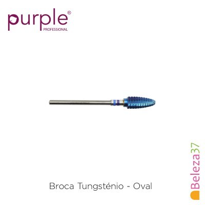 Broca oval de tungsténio azul metálica em fundo branco com texto