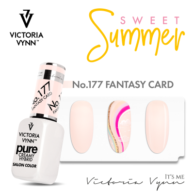 Verniz gel VICTORIA VYNN No.177 FANTASY CARD com amostras de cores nude e padrão colorido