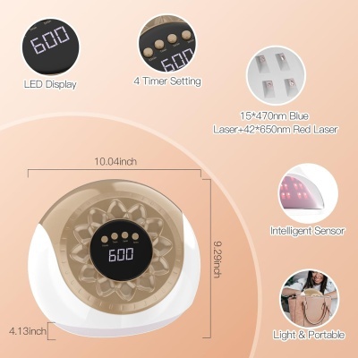 Dispositivo eletrónico redondo branco e dourado com visor LED e botões