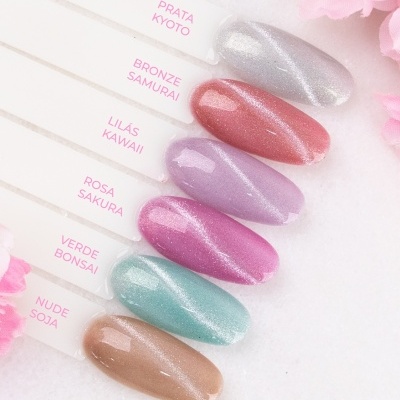 Amostras de verniz de unhas em seis cores com nomes em etiquetas, com flores cor-de-rosa ao fundo