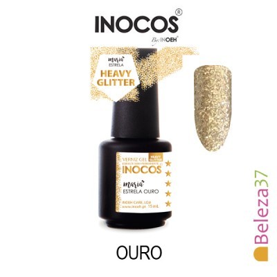 Frasco de verniz gel INOCOS Heavy Glitter cor ouro com amostra da cor