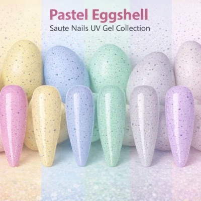 Coleção de esmaltes em gel tons pastel com padrão pintado semelhantes a cascas de ovo