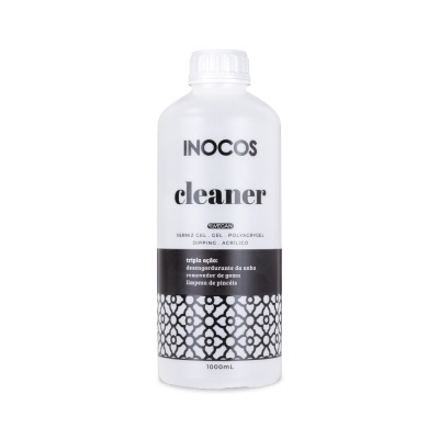 Frasco plástico branco Inocos Cleaner para unhas com rótulo preto e branco