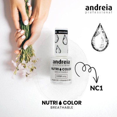 Verniz de unhas Andreia Nutri Color Breathable NC1 com mãos segurando flores