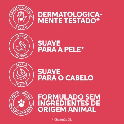 Selos e textos em fundo rosa indicando características do produto