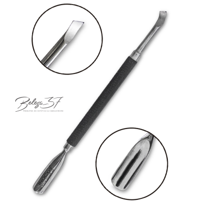 Espátula dupla de aço inoxidável com corpo preto texturizado e detalhes em destaque