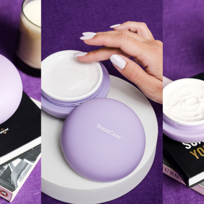 Creme corporal BrancoCare em embalagem redonda lilás com creme branco e cremoso e fundo roxo com livros e velas