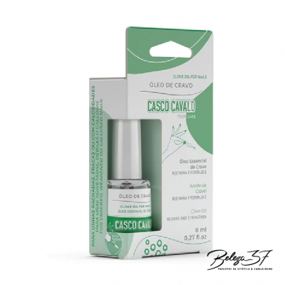 frasco e embalagem de óleo de cravo Casco Cavalo em verde e branco