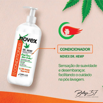 Frasco branco de condicionador Novex Dr. Hemp com rótulo colorido e texto promocional em português
