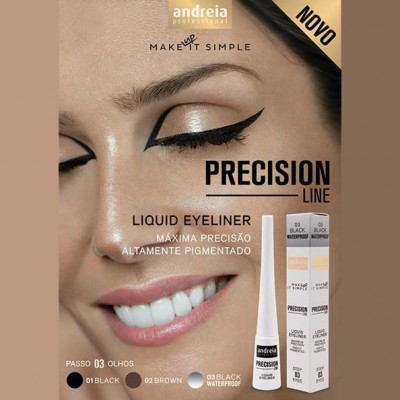 Promoção de eyeliner líquido Andreia Precision Line em embalagem branca com texto preto, aplicado em modelo com traço gráfico preto nos olhos.