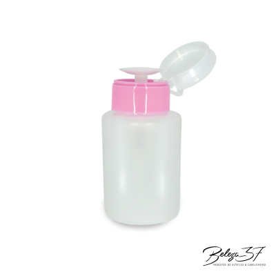 Frasco plástico translúcido com tampa rosa e proteção branca