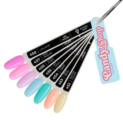 Amostras de verniz gel para unhas com 6 cores pastel e etiquetas pretas com números e nomes