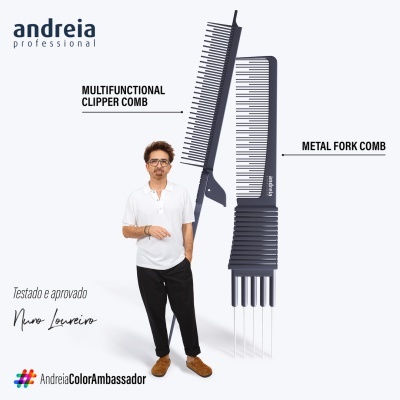 Duas pentes Andreia professional preto, um com dentes múltiplos e outro com forquilhas metálicas, homem com roupa branca e preta, texto em português.