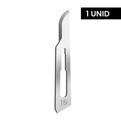 Lâmina cirúrgica metálica número 15 com fundo branco e texto 1 UNID