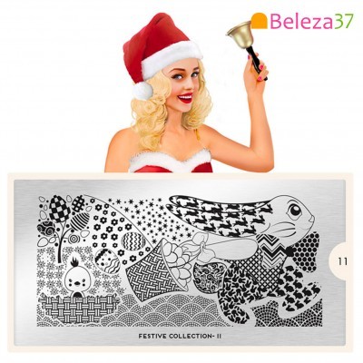 Placa metálica para unhas com desenhos festivos e mulher com traje de Natal e sino