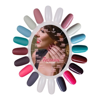 Mostruário circular de vernizes de gel para unhas em várias cores com texto central