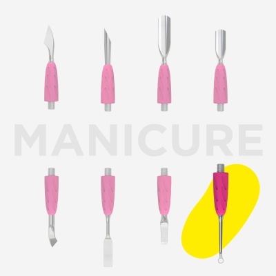 Ferramentas de manicure metálicas com cabos rosa organizadas em fundo branco com texto MANICURE.